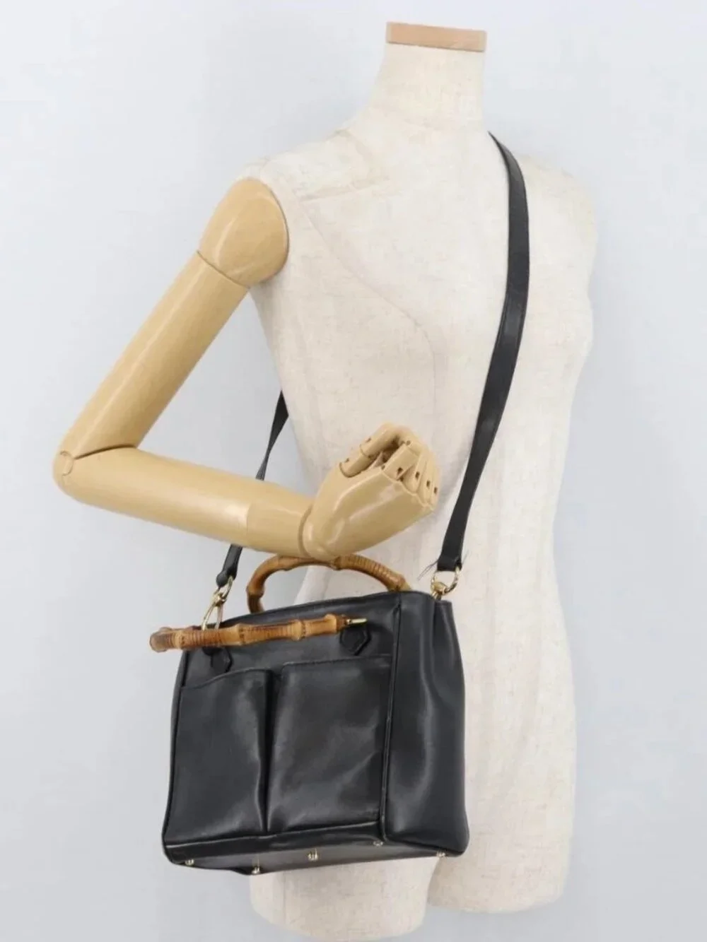 GUCCI Bamboo Hand Bag Leather 2way Black Gold 001 123 1638 Auth 175334